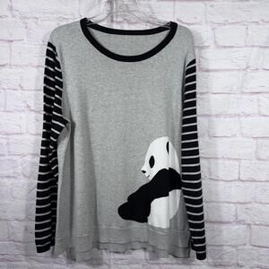 Gray Panda Graphic Sweater with Black and White Striped Sleeves